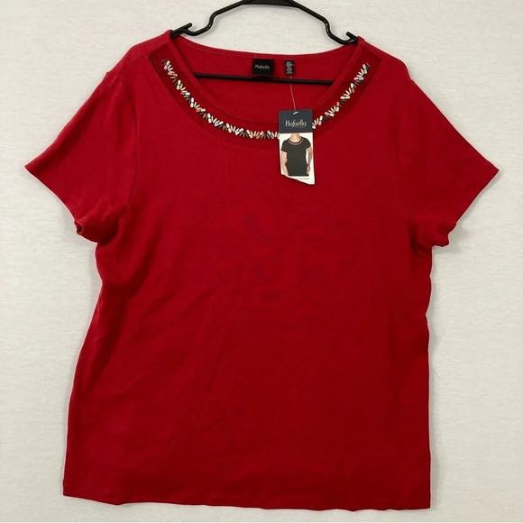 Rafaella Tops - New Rafaella Red Embellished Round Neck Cotton Stretch Top XXL